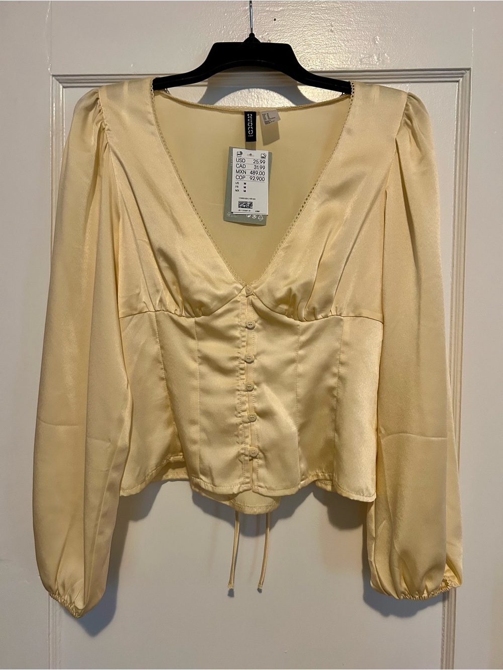 Butter Yellow Satin V-Neck Button-Front Blouse